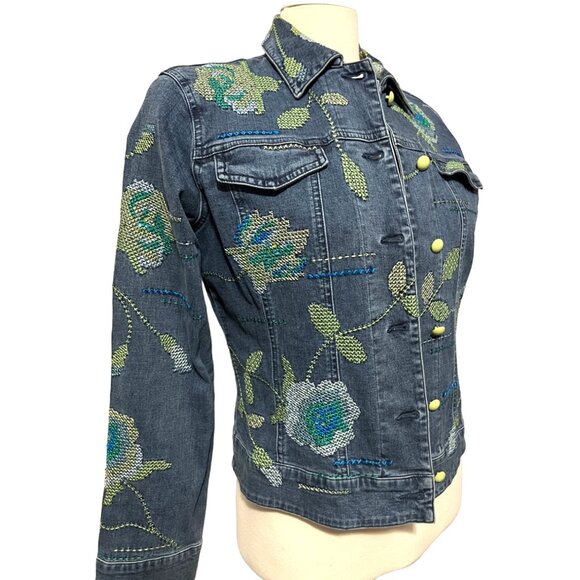 Ann Trinity Embroidered Denim Jacket Sz Small Womens Floral Blue & Green Sequin - Picture 4 of 9